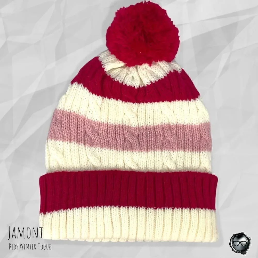 KIDS CABLE KNIT POM POM BEANIE FOR IN CANDY CANE STRIPE YOUTH ONE SIZE